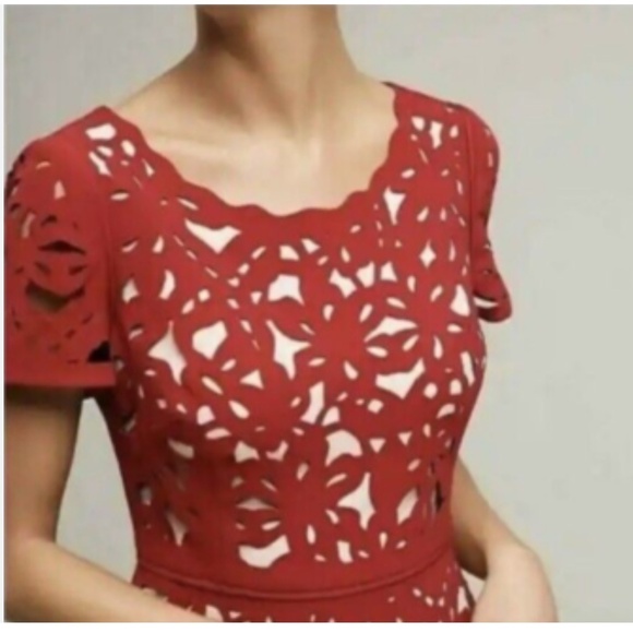 Moulinette Soeurs Laser-Cut Red Fit & Flare Dress Anthropologie Size 6 - Picture 3 of 12